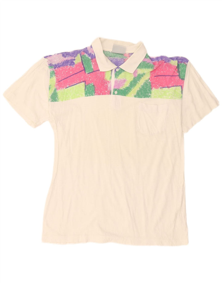 Camisa polo masculina vintage média branca geométrica