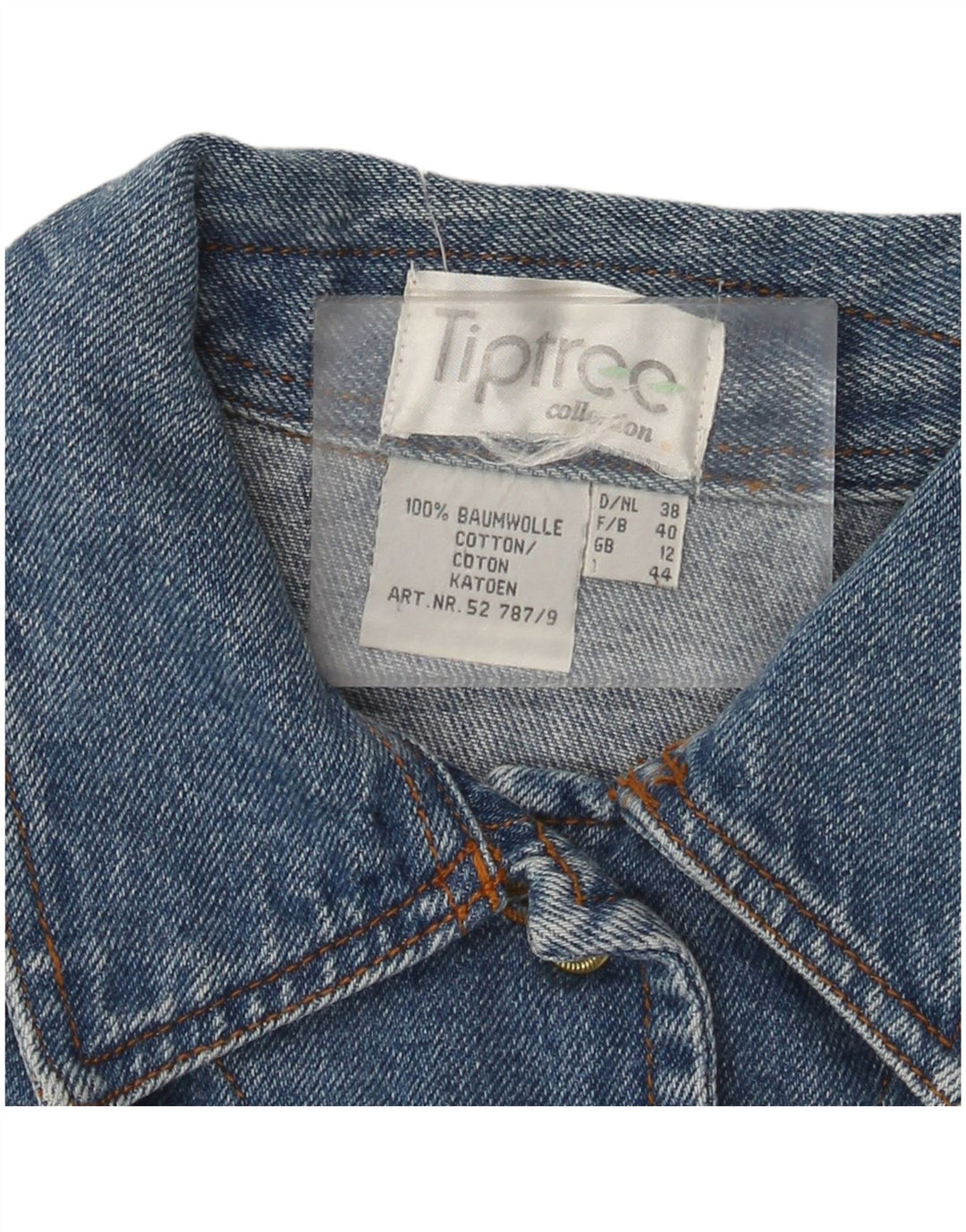 Jaqueta jeans feminina vintage Reino Unido 12 algodão colorblock azul médio