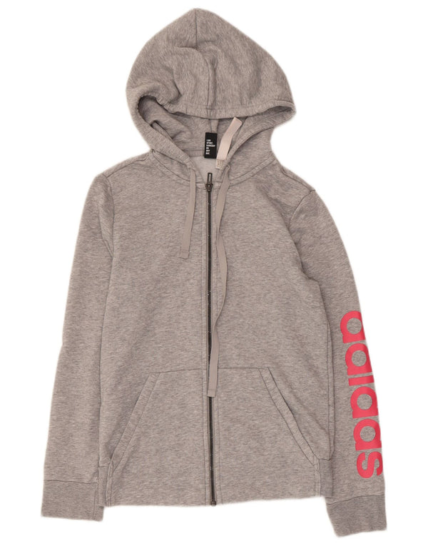 Suéter feminino Adidas com capuz e zíper gráfico UK 8/10 pequeno algodão manchado cinza