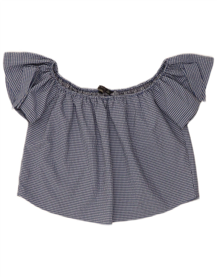 Top Zara Feminino Crop Off Ombro Reino Unido 10 Pequeno Gingham Azul Marinho