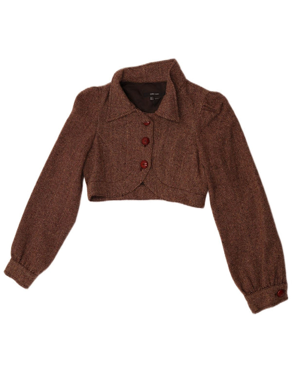 Jaqueta Bolero Feminina Zara Reino Unido 10 Lã Espinha de Peixe Marrom Pequena