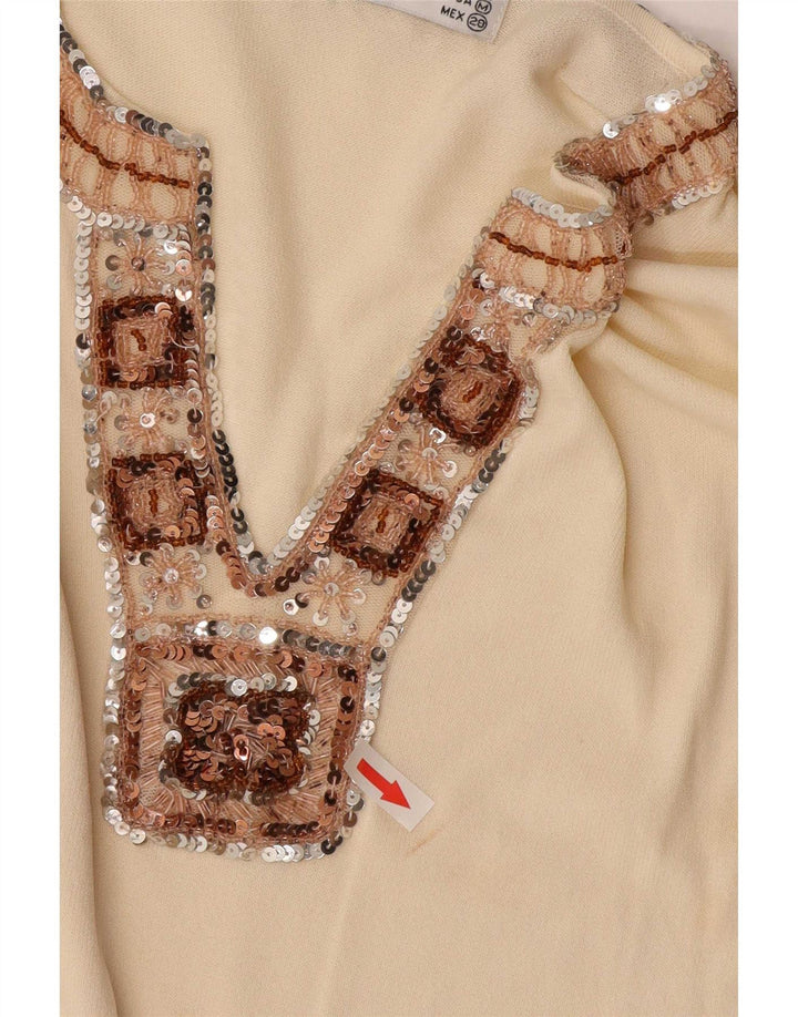 Top feminino Zara manga comprida UK 12 viscose bege médio