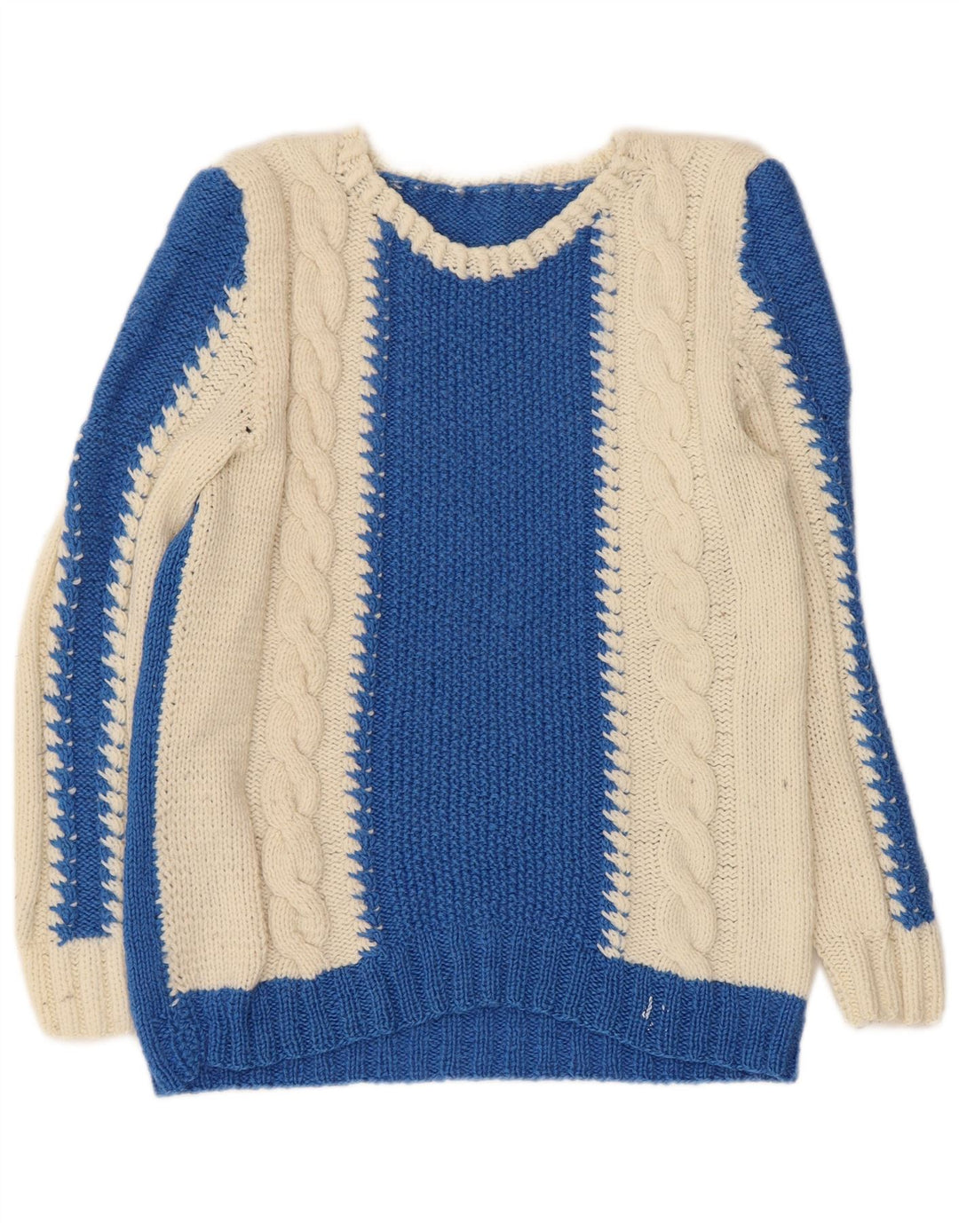 Suéter feminino VINTAGE com decote em V UK 10 pequeno bloco colorido azul