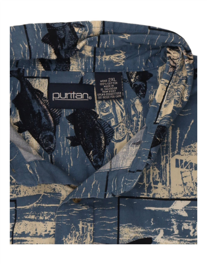 Camisa Puritan masculina gráfica de manga curta 2XL algodão azul