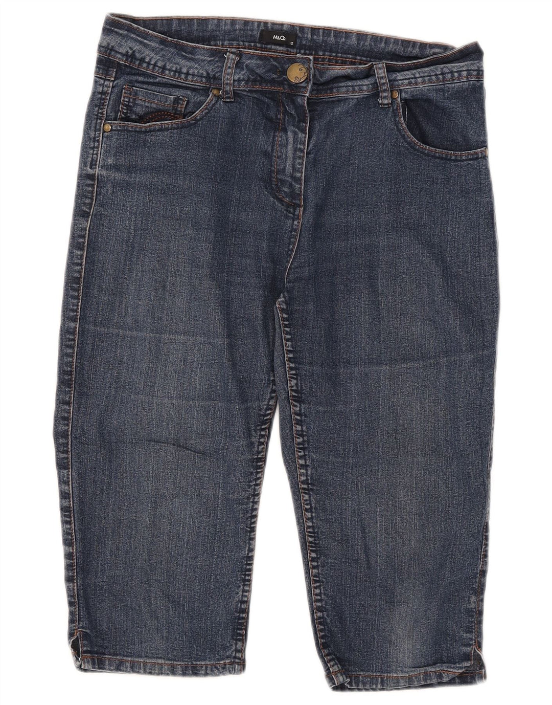 Bermuda jeans feminina M&Co UK 12 médio W32 algodão azul