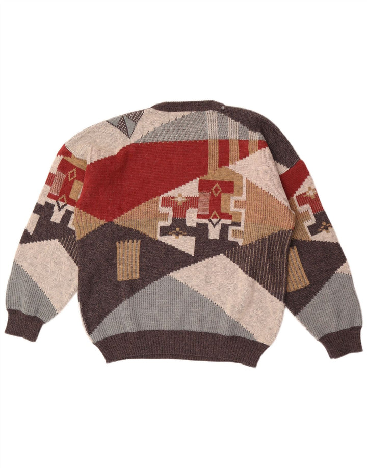 Suéter vintage masculino com gola redonda grande geométrico multicolorido