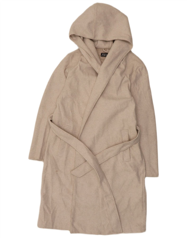 Sobretudo feminino Zara com capuz UK 12 poliéster bege médio