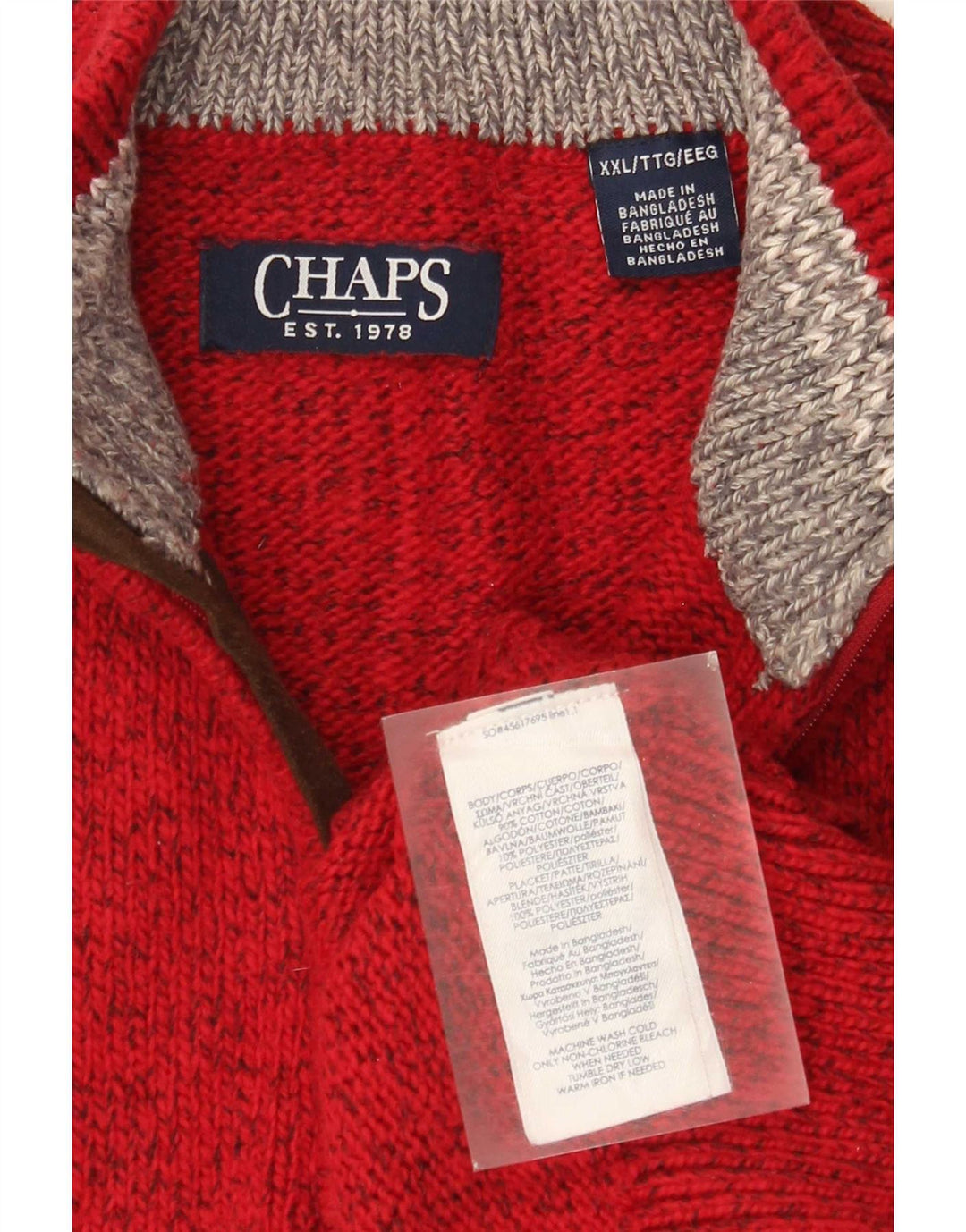 Suéter masculino Chaps com zíper e gola 2XL de algodão manchado vermelho