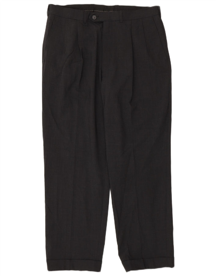 Calça masculina Marks & Spencer sob medida com pregas W34 L29 poliéster cinza