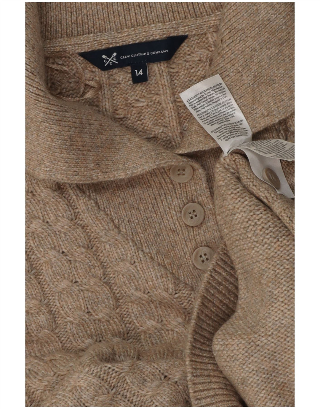 Suéter feminino Crew Clothing com gola polo UK 14 poliéster bege médio