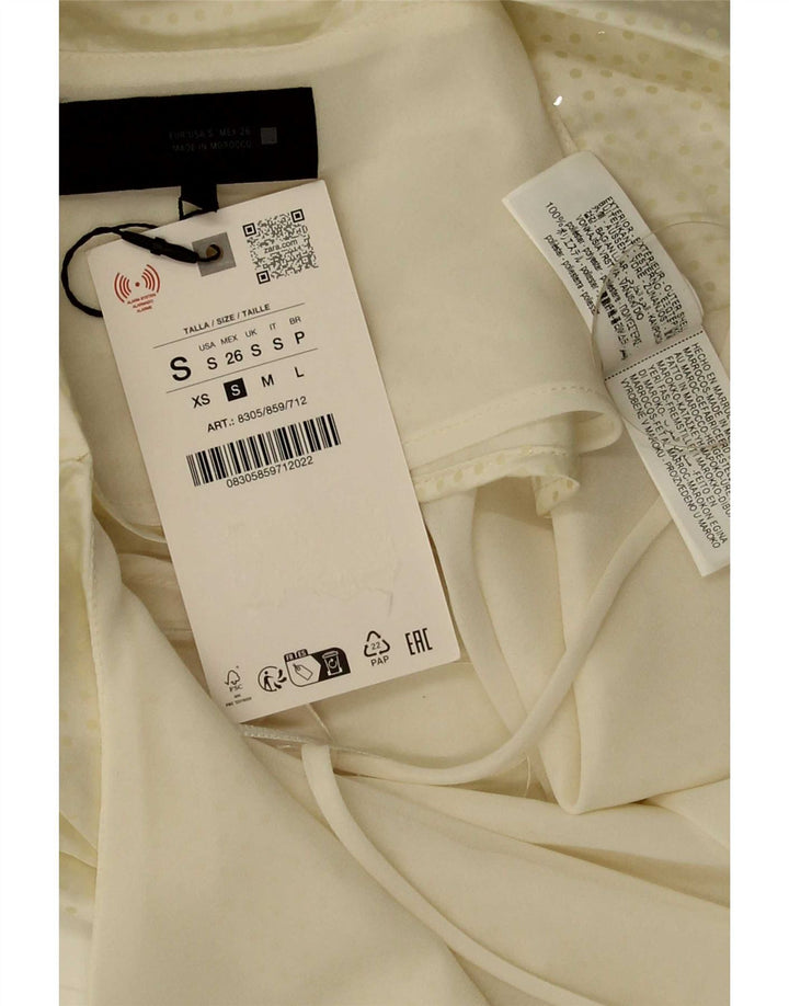 Top feminino Zara com ombro de fora UK 10 pequeno poliéster manchado esbranquiçado