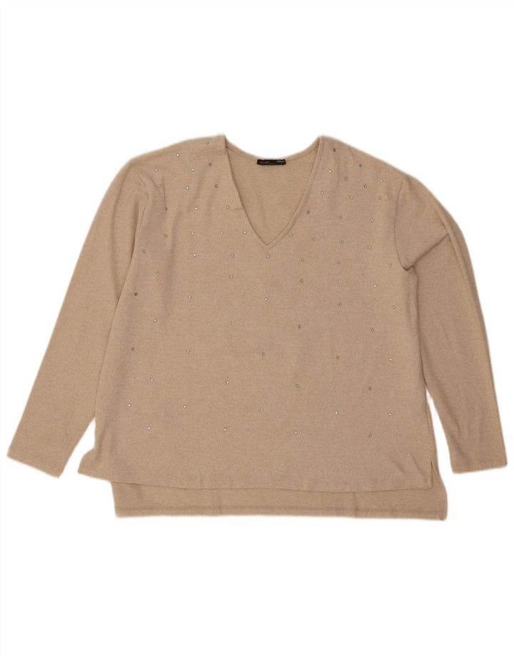 Suéter feminino Zara com decote em V Reino Unido 16 grande poliéster bege