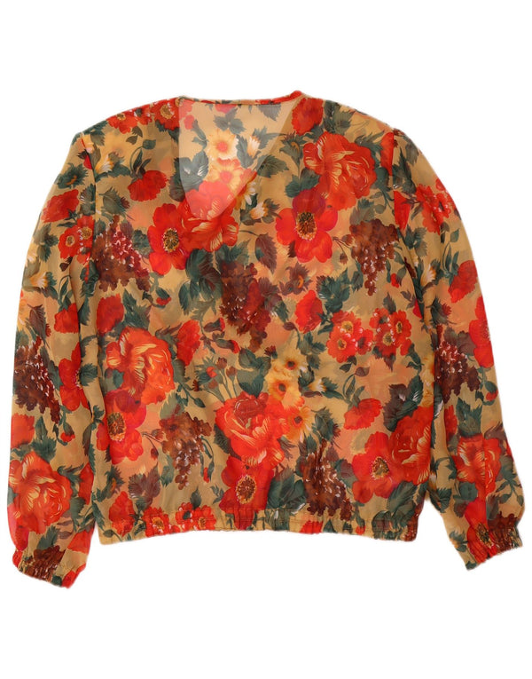 Blusa feminina vintage de manga comprida UK 14 grande floral multicolorida