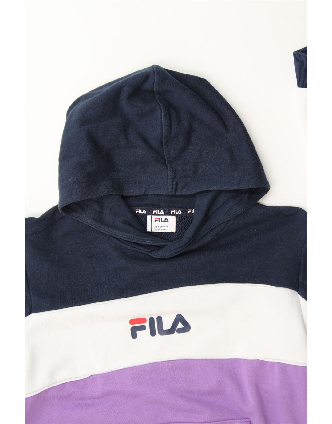 FILA Girls Graphic Hoodie Jumper 13-14 Years Multicoloured Colourblock Vintage Fila and Second-Hand Fila from Messina Hembry 