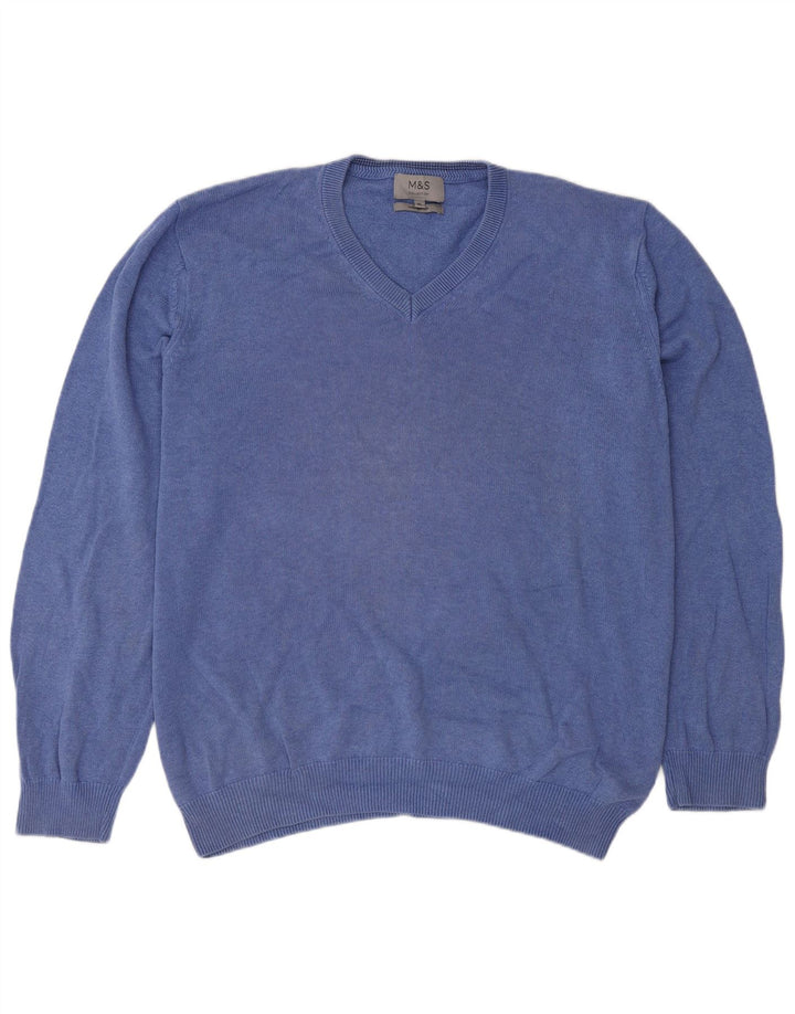 Suéter masculino Marks & Spencer com decote em V XL azul algodão