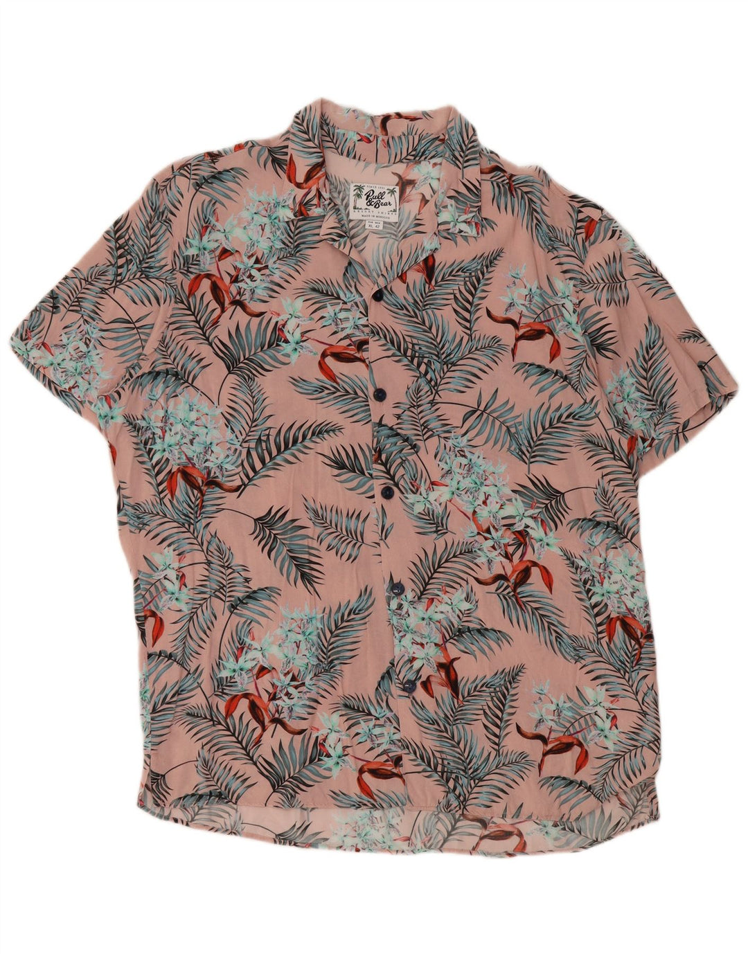 Camisa masculina de manga curta PULL & BEAR XL rosa floral viscose havaiana