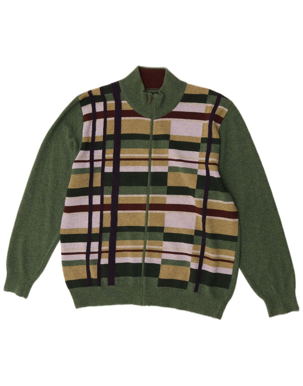 Suéter Cardigan Masculino Folk Grande Lã Merino Geométrica Verde