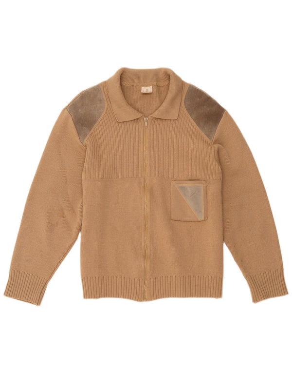 Suéter cardigã feminino vintage Reino Unido 12 bloco colorido marrom médio