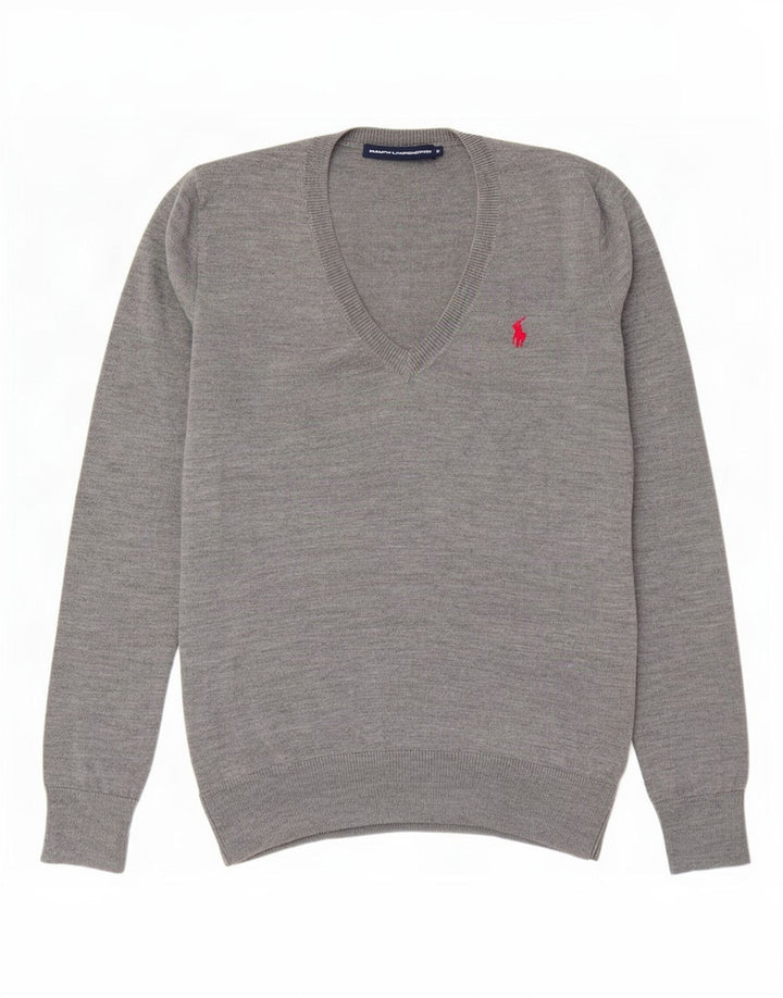 Suéter feminino Ralph Lauren com decote em V Reino Unido 14 lã manchada cinza médio