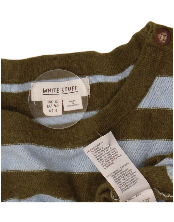 Suéter feminino branco com gola canoa e gola redonda UK 12 listrado cáqui médio