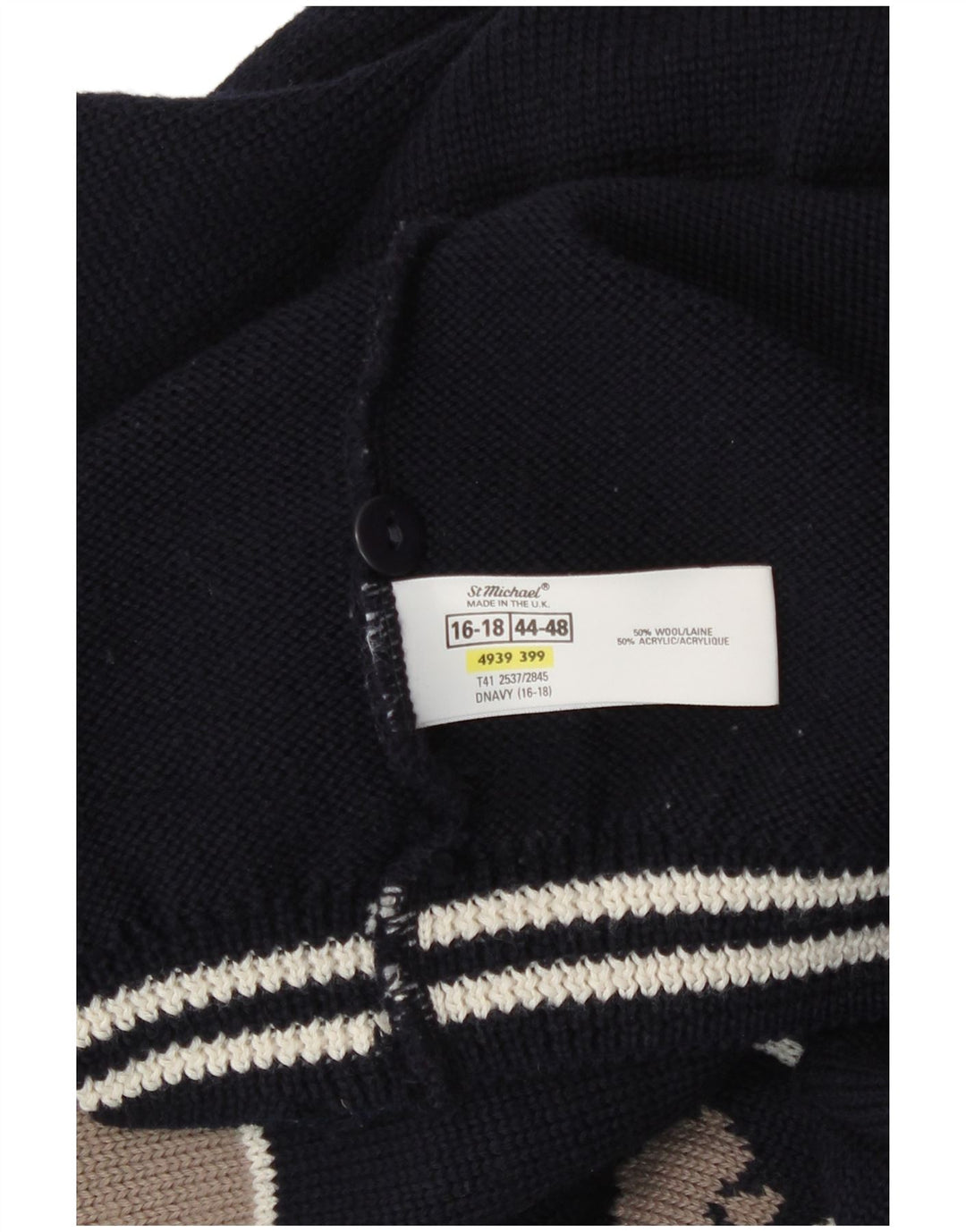 Suéter cardigã feminino St Michael Reino Unido 16/18 grande bloco colorido azul marinho