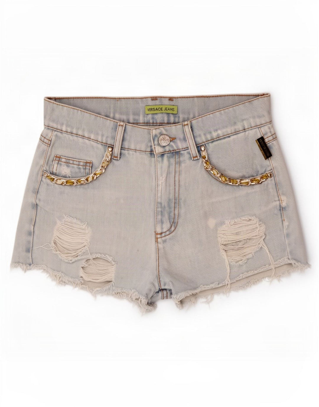 Versace Shorts jeans feminino desgastado W28 algodão azul médio
