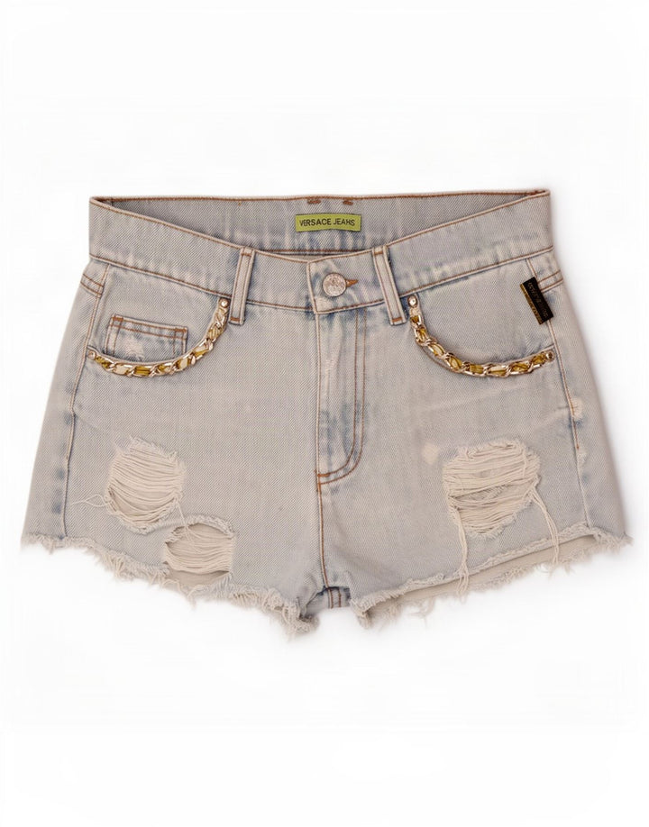 Versace Shorts jeans feminino desgastado W28 algodão azul médio
