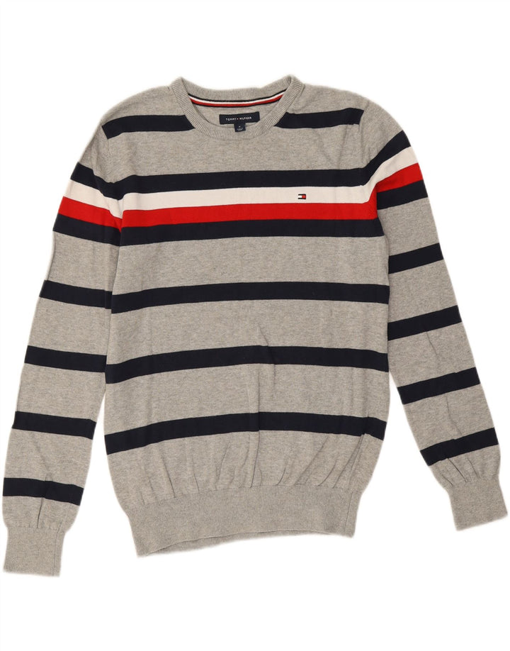 Suéter masculino Tommy Hilfiger com gola redonda e algodão listrado cinza médio