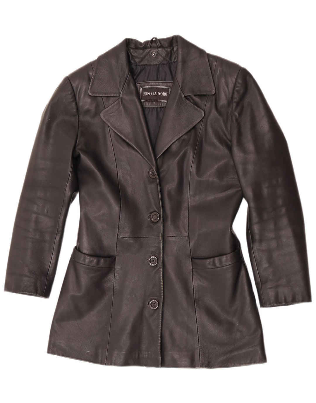 Jaqueta blazer de couro feminina vintage com 4 botões Reino Unido 10 couro preto pequeno