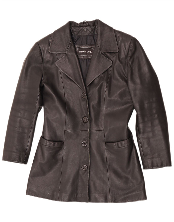 Jaqueta blazer de couro feminina vintage com 4 botões Reino Unido 10 couro preto pequeno