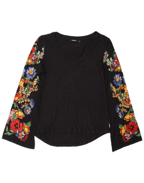 Top feminino Desigual manga comprida UK 10 pequeno preto floral