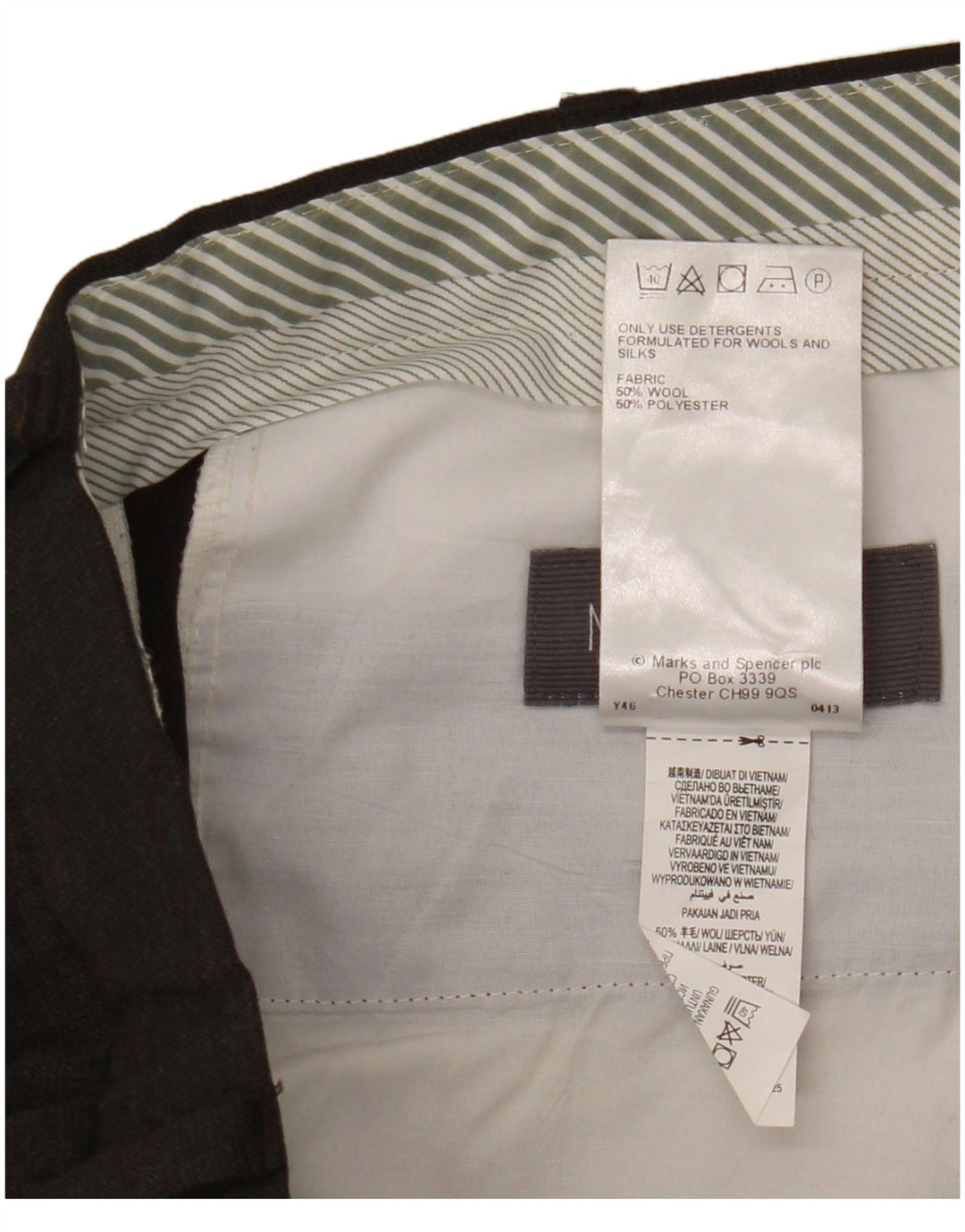 Calça masculina de terno reto Marks & Spencer W38 L33 lã marrom