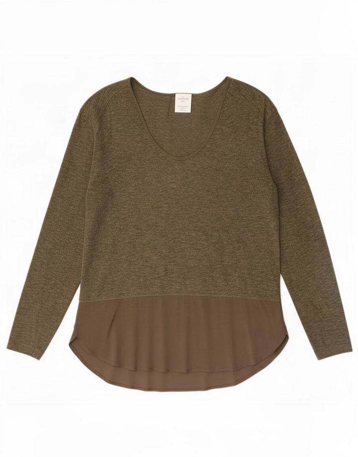 Top feminino Zara manga comprida UK 14 colorblock cáqui médio