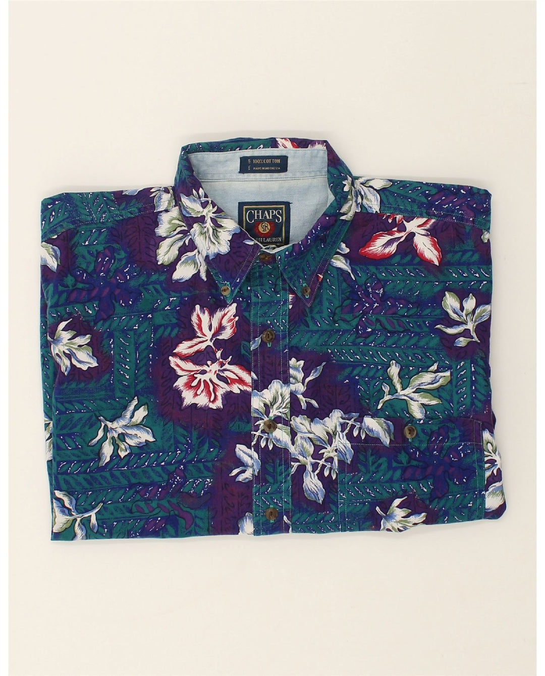 CHAPS Mens Short Sleeve Shirt Large Blue Floral Cotton Vintage Chaps and Second-Hand Chaps from Messina Hembry 