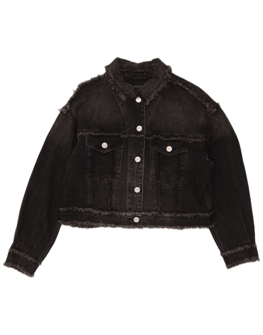 Jaqueta jeans feminina All Saints Crop Oversized Reino Unido 10 algodão preto pequeno