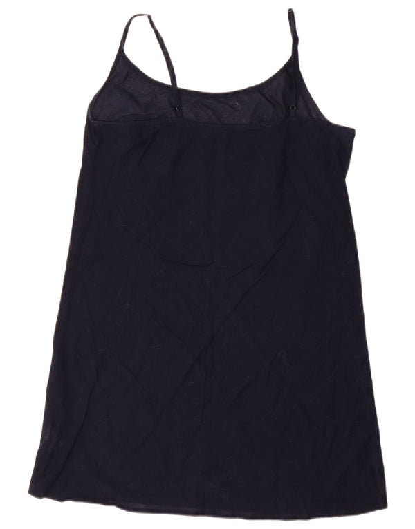 Vestido deslizante feminino vintage Reino Unido 10 pequeno algodão azul marinho