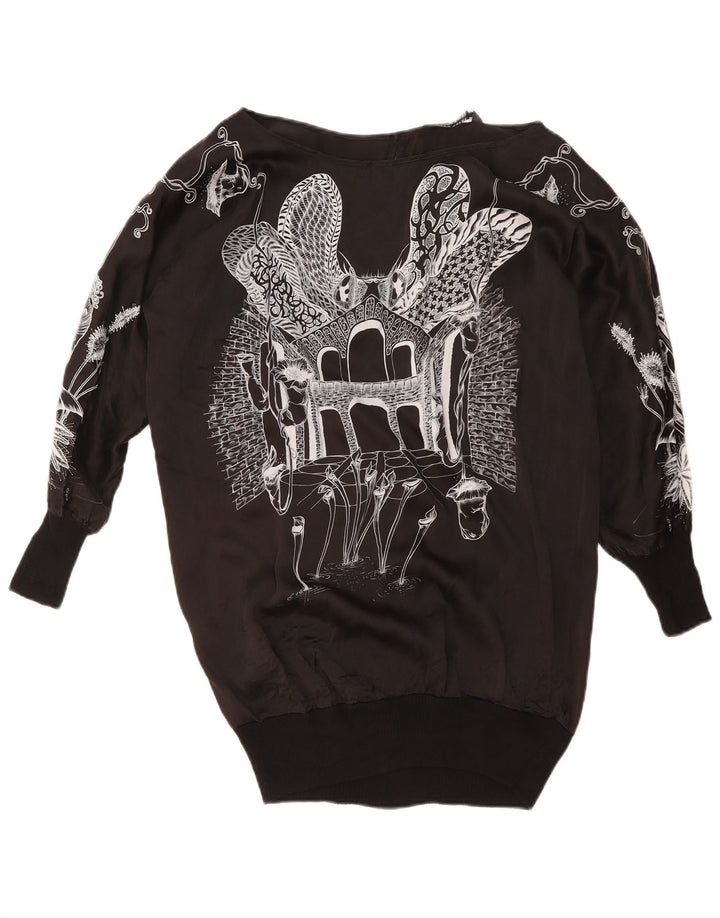ZARA Top gráfico feminino oversized manga comprida Reino Unido 14 médio preto floral