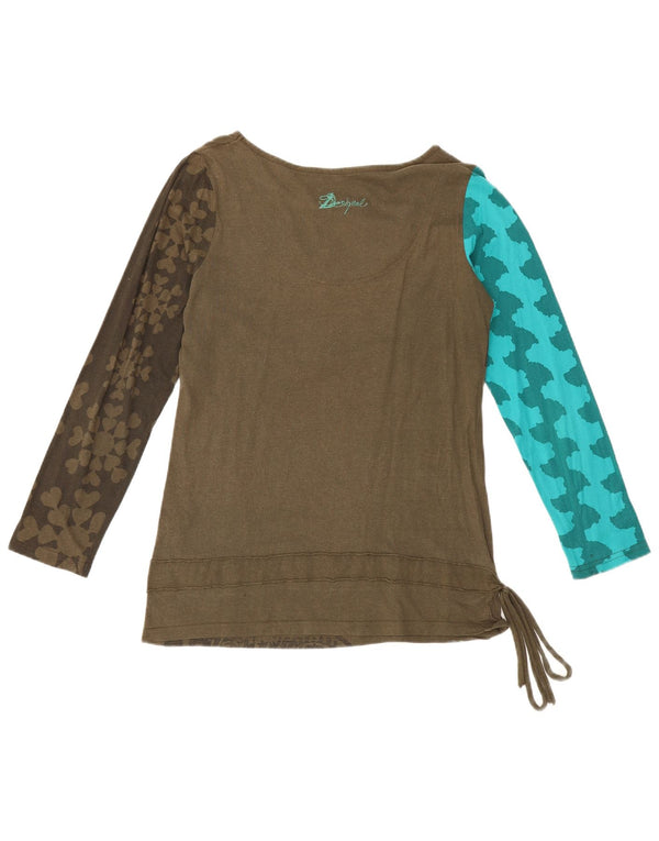 Top gráfico feminino Desigual manga comprida UK 20 2XL algodão geométrico cáqui