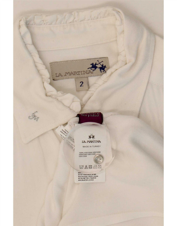 Blusa feminina La Martina com babados na frente EUA 2 XS viscose branca