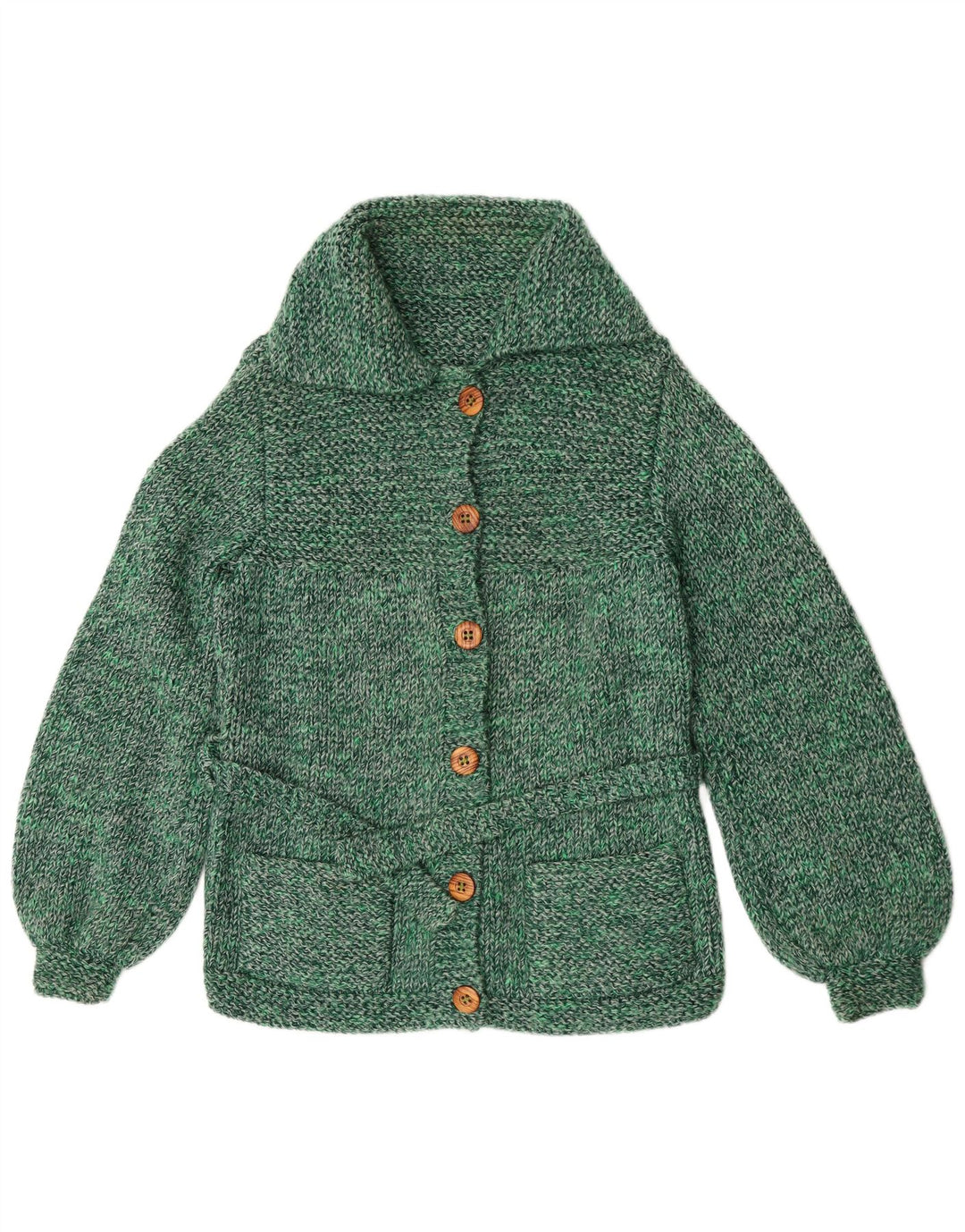 Suéter cardigã feminino vintage Reino Unido 14 verde médio manchado