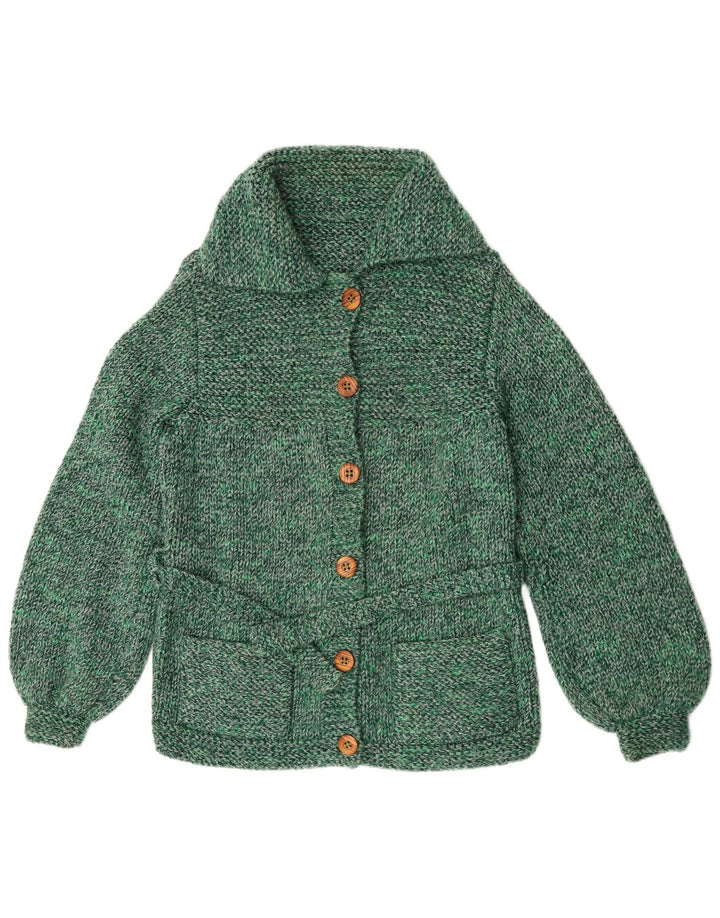 Suéter cardigã feminino vintage Reino Unido 14 verde médio manchado