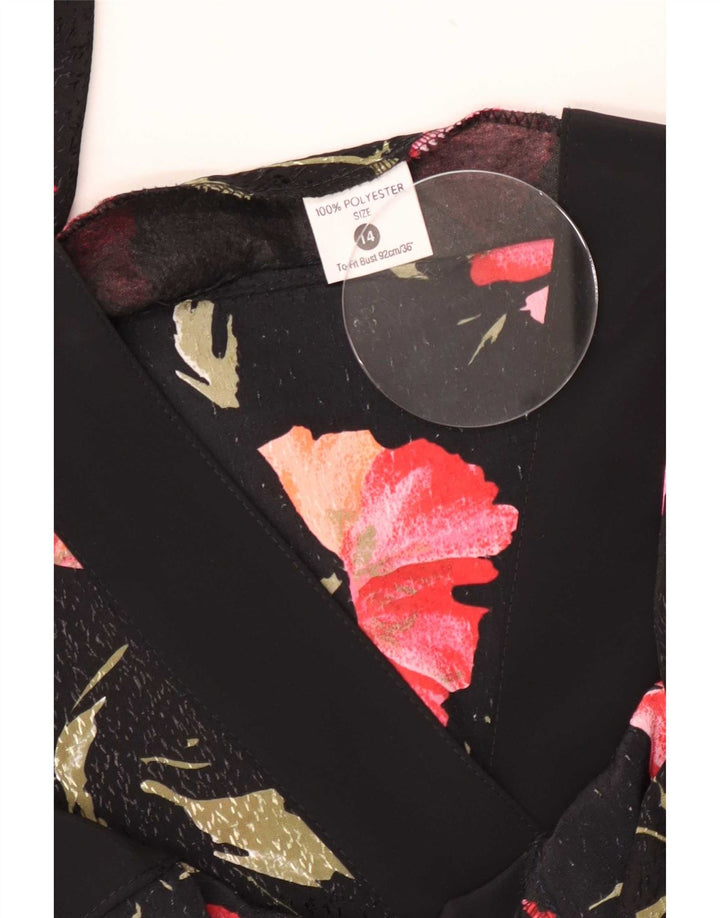 Blusa feminina vintage UK 14 poliéster floral preto médio