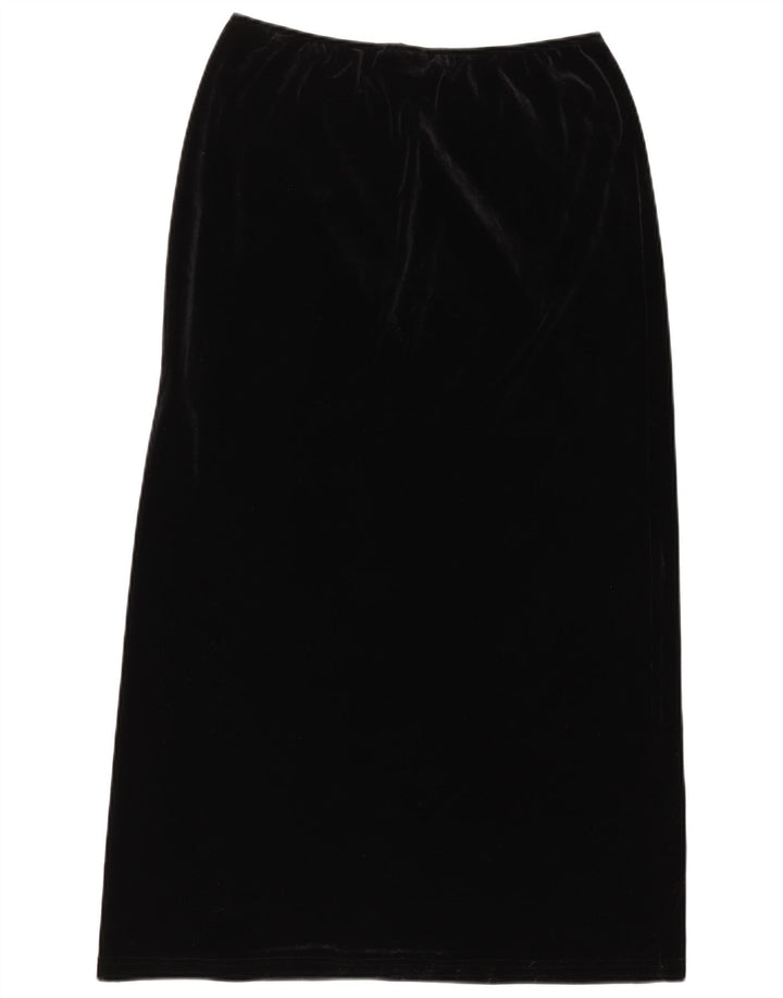 Saia maxi feminina vintage de veludo Reino Unido 16 grande W34 poliéster preto