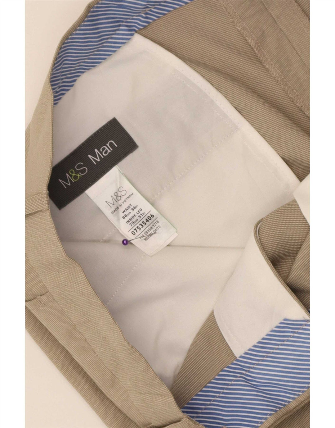 Calça masculina de terno reto Marks & Spencer W34 L31 bege
