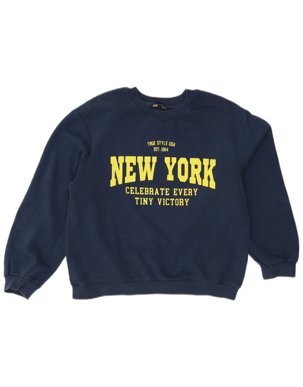 Zara Womens New York Graphic Moletom Jumper Reino Unido 14 Médio Azul Marinho
