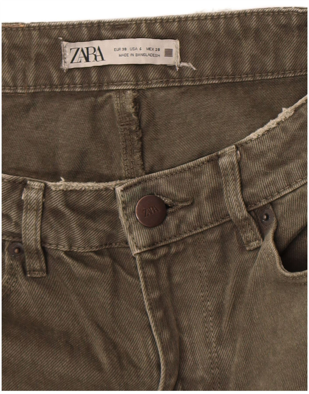 Zara Jeans feminino de perna larga UE 38 pequeno W28 L26 cáqui