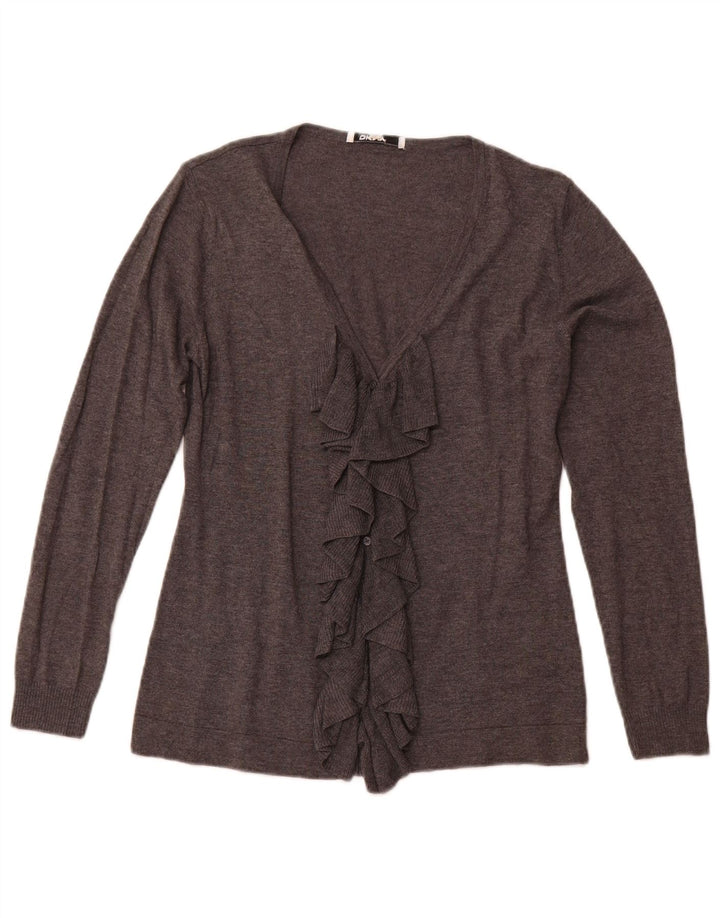 Suéter cardigã feminino Dkny com babados na frente Reino Unido 12 algodão cinza médio