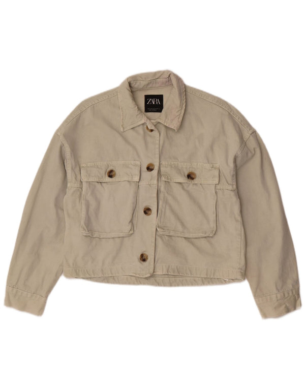 Jaqueta jeans feminina Zara UK 10 pequeno algodão branco