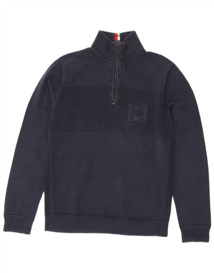 Suéter masculino Tommy Hilfiger com zíper e gola alta de algodão azul marinho médio