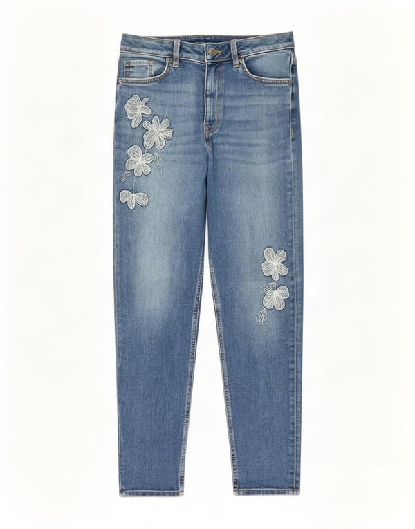 Calça jeans feminina Marks & Spencer Mom Graphic Tapered UK 10 pequena W28 L26 azul